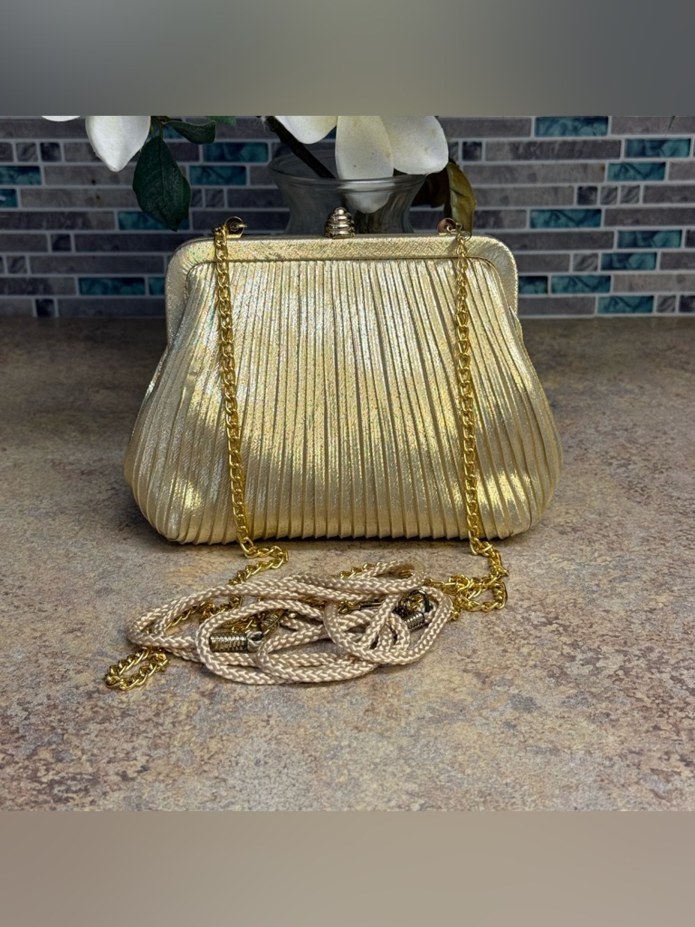 Gold Lame Pleated Evening Purse